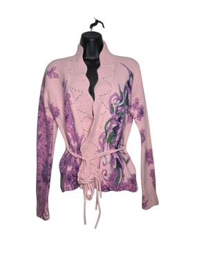 Oilily Pink Floral Bird Tie-Front Cardigan Sweater - Size XS Merino Wool Blend